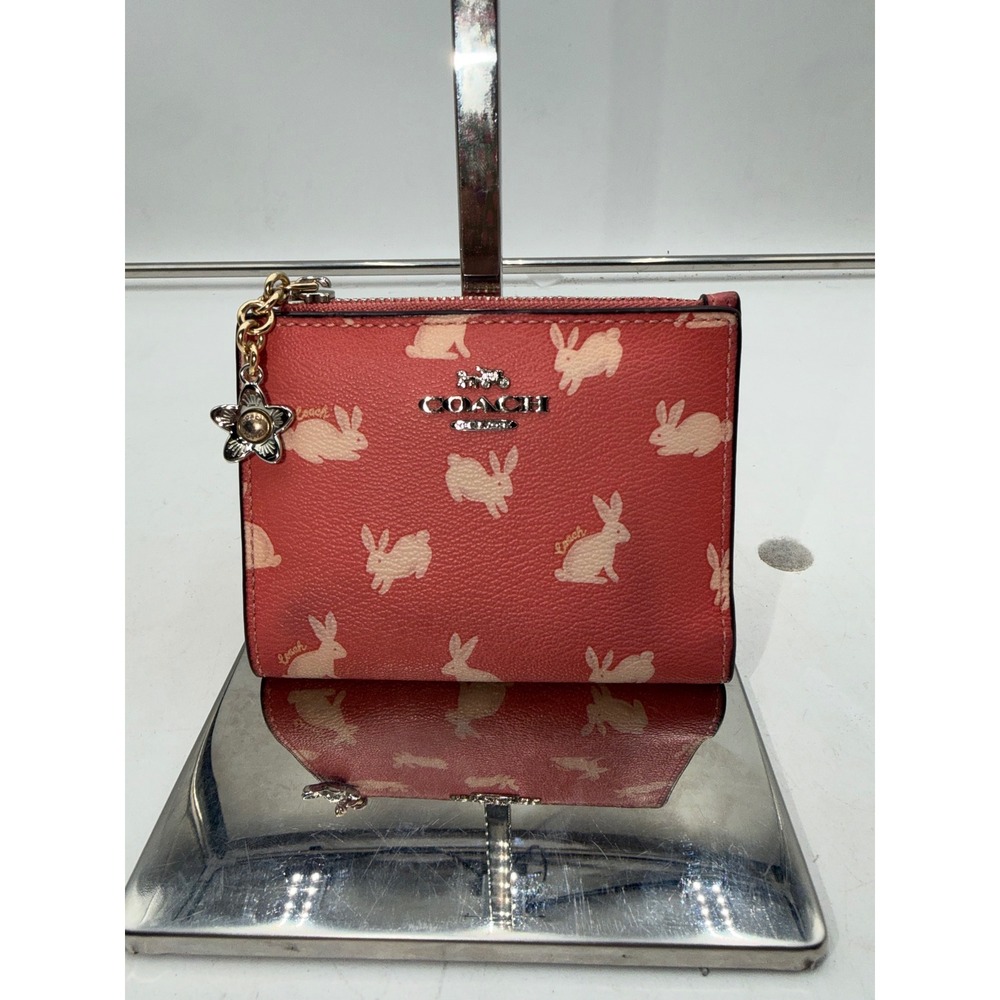 Coach Rabbit Print Bifold Wallet Coral Pink Crossgrain Leather Flower Charm